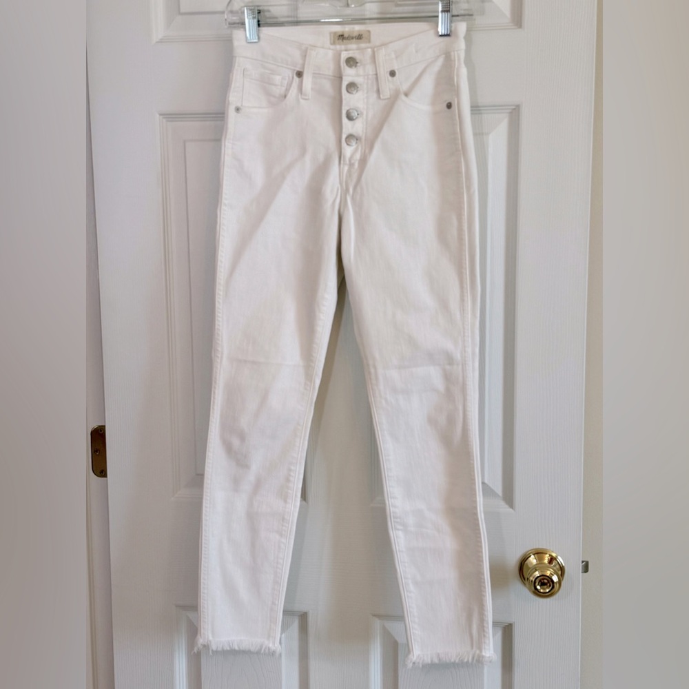 Madewell 10” High Rise Skinny Crop White Button Fly Raw Hem Denim Jeans Size 25
